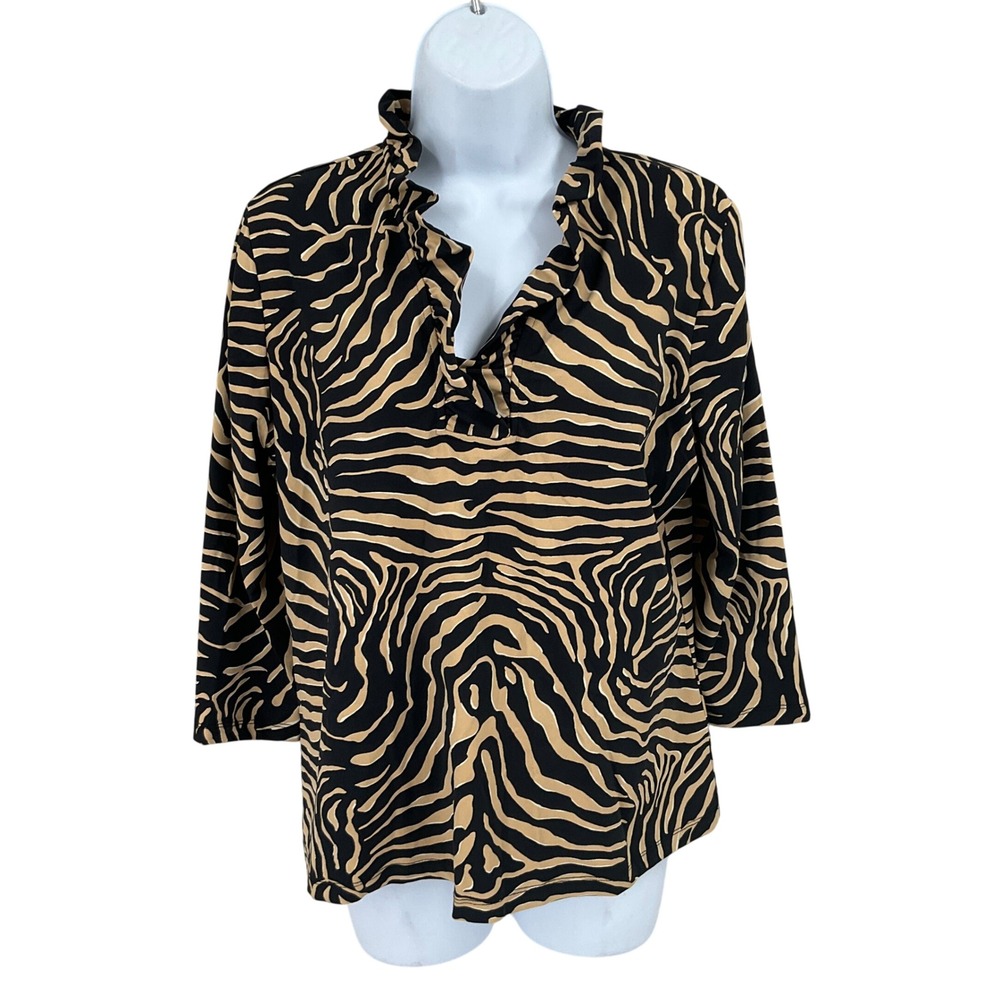 J.McLaughlin Blouse Womens XL Black Tan Zebra Ruffle V-Neck Classic Preppy
